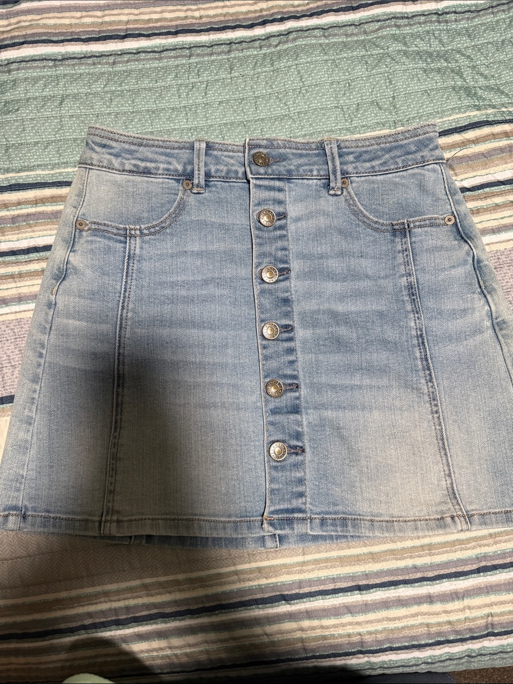 American Eagle Outfitters Light Wash Denim Button-Front Mini Skirt